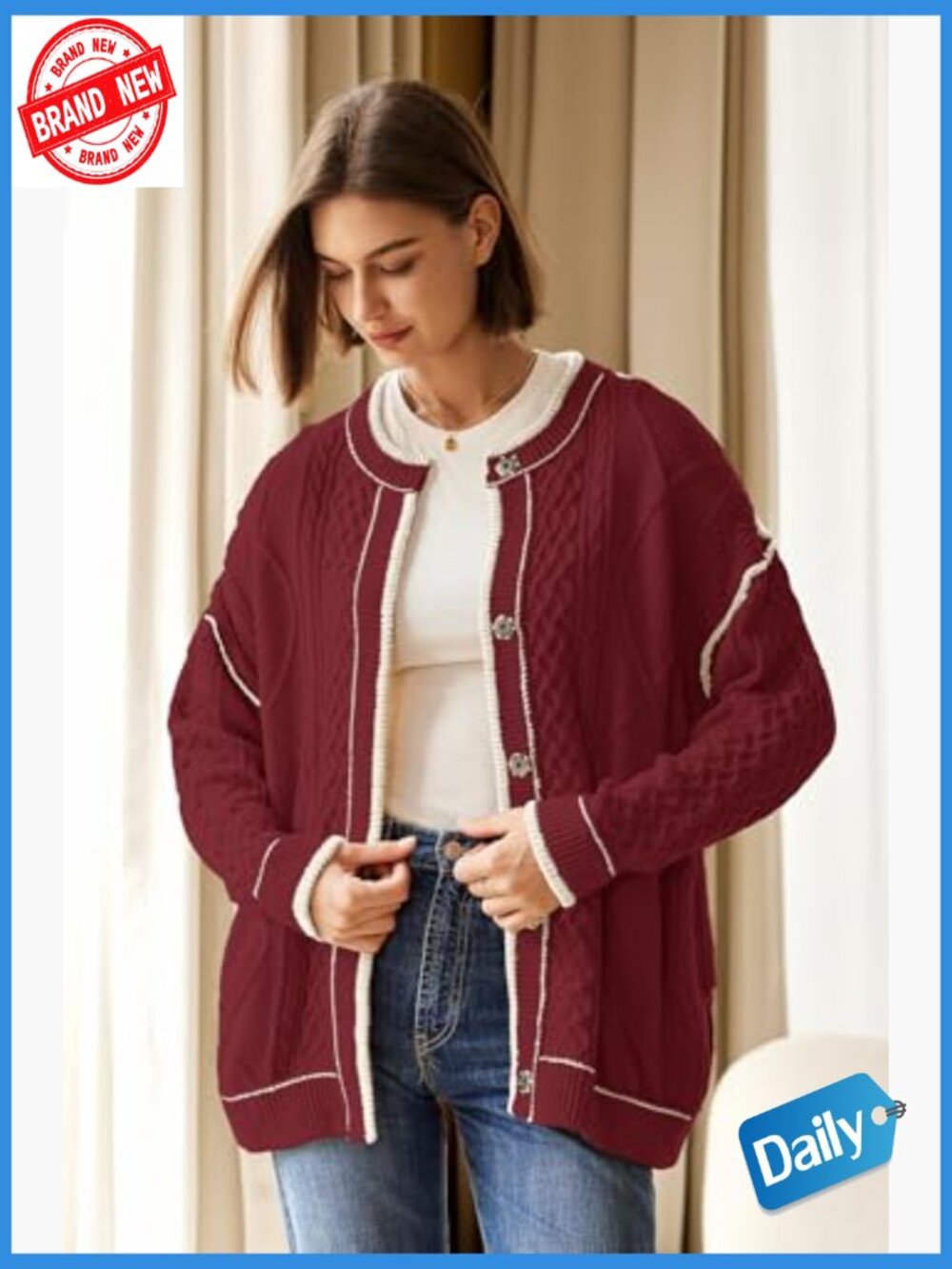 Oversized Cable Knit Cardigan with Pockets - Lightweight Fall Sweater - Picture 5 of 7